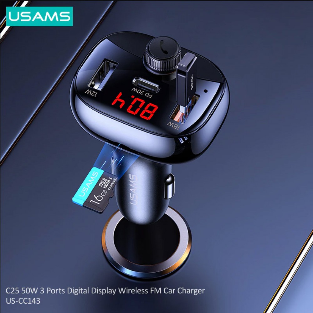 FM модулятор Usams US-CC143 50W 3 Ports Digital Display Wireless FM